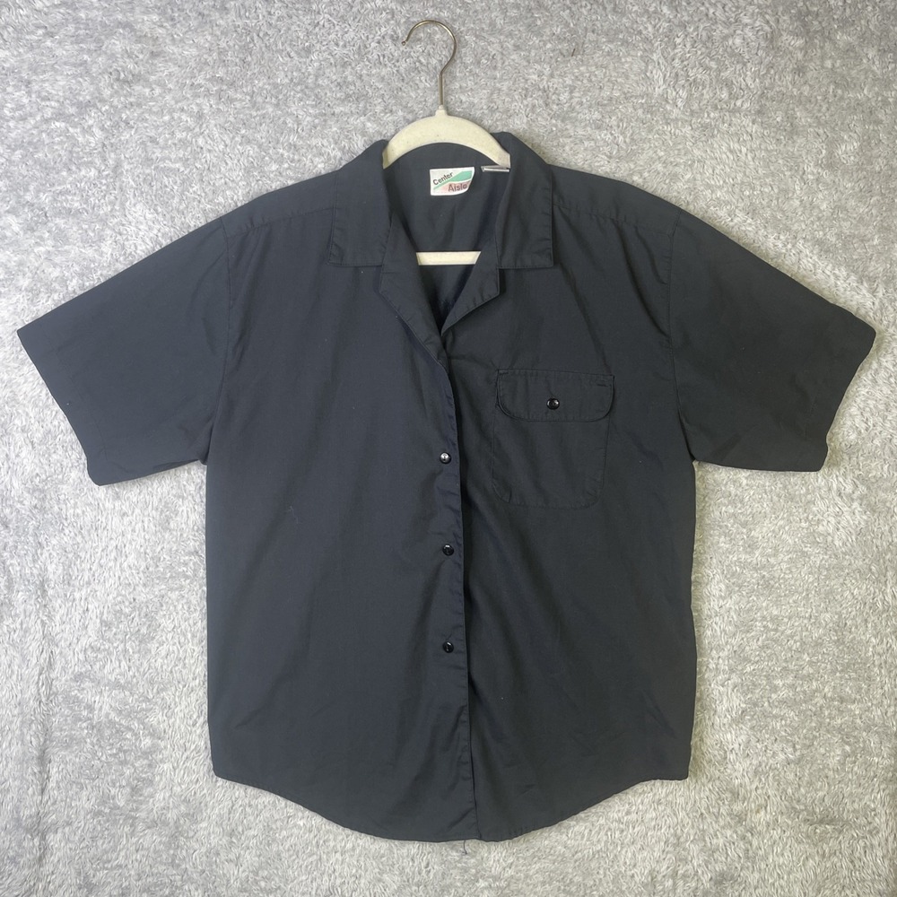Vintage Center Aisle Women's Button Up Short Sleeve Blouse Black Size Large